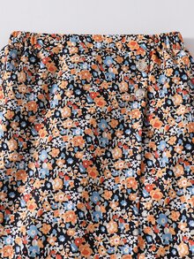 Girls Vintage Korean Style Fall School Family Outfit, Half-High Neck Ribbed Long Sleeve Base Layer Top Asymmetrical Ditsy Floral Bodycon Skirt Brown - Brown - View 6