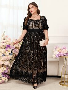 Reflora Plus Size Elegant Romantic Lace Square Collar Petal Sleeve Cinched Waist Dress Black Summer Wedding Dinner Formal Guest Cocktail Luxury Evening - Black - View 2