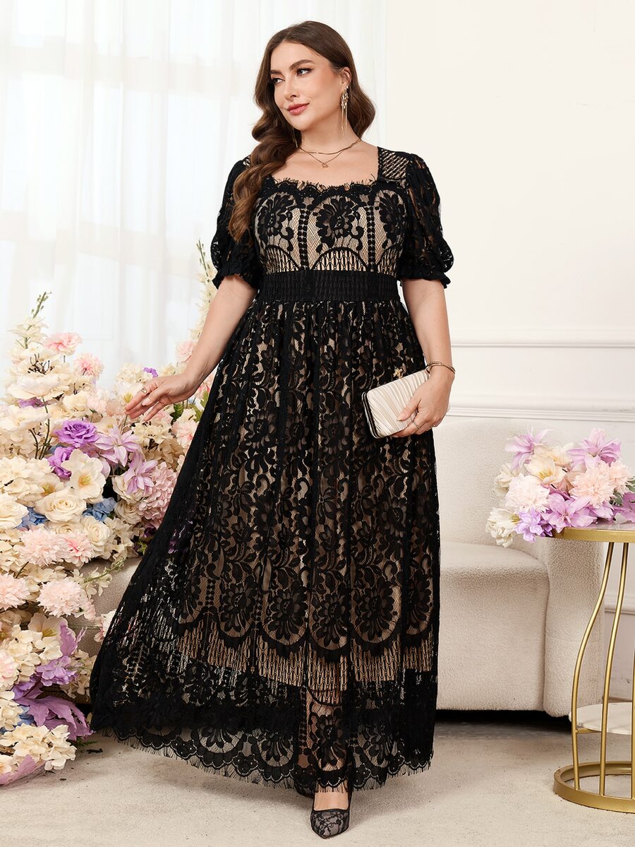Reflora Plus Size Elegant Romantic Lace Square Collar Petal Sleeve Cinched Waist Dress Black Summer Wedding Dinner Formal Guest Cocktail Luxury Evening