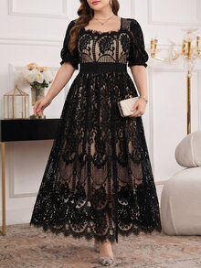 Reflora Plus Size Elegant Romantic Lace Square Collar Petal Sleeve Cinched Waist Dress Black Summer Wedding Dinner Formal Guest Cocktail Luxury Evening - Black - View 9