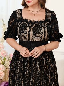 Reflora Plus Size Elegant Romantic Lace Square Collar Petal Sleeve Cinched Waist Dress Black Summer Wedding Dinner Formal Guest Cocktail Luxury Evening - Black - View 4