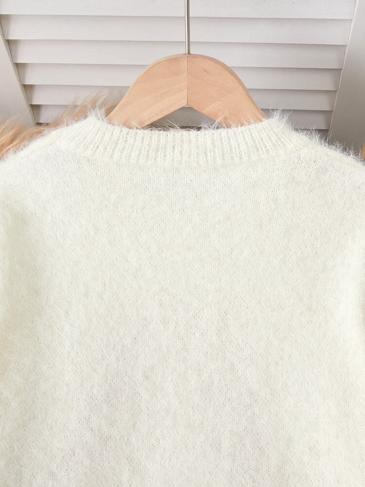 SHEIN Tween Girl Fir Tree Jacquard Machine Emb Star Knit Pullover Sweater Round Neck Long Sleeve Casual Cute White Autumn/Winter Festival Outfits Christmas - White - View 6