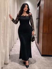 Cirelune Plus Size Off Shoulder Lace Long Sleeve Mermaid Dress, Elegant Black Fall Evening Gown, Curvy Women Formal Dress For Wedding, Halloween Party - Black - View 4
