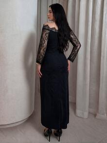Cirelune Plus Size Off Shoulder Lace Long Sleeve Mermaid Dress, Elegant Black Fall Evening Gown, Curvy Women Formal Dress For Wedding, Halloween Party - Black - View 9