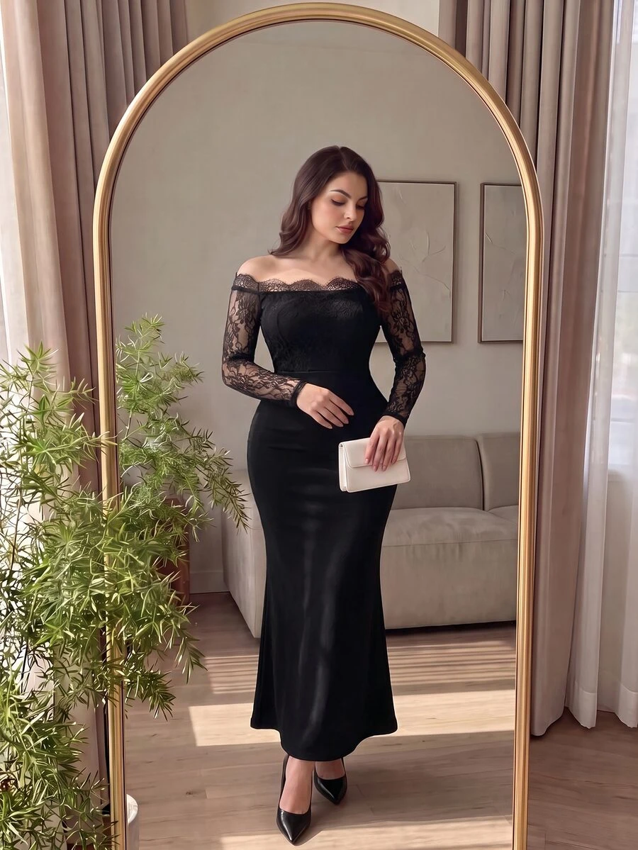 Cirelune Plus Size Off Shoulder Lace Long Sleeve Mermaid Dress, Elegant Black Fall Evening Gown, Curvy Women Formal Dress For Wedding, Halloween Party