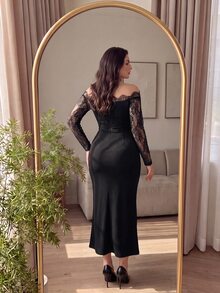 Cirelune Plus Size Off Shoulder Lace Long Sleeve Mermaid Dress, Elegant Black Fall Evening Gown, Curvy Women Formal Dress For Wedding, Halloween Party - Black - View 3