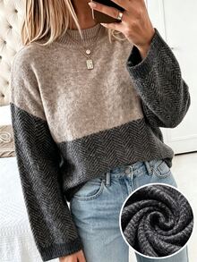 Elenzga Plus Size Women's Autumn/Winter Maillard Earth Tone Semi-High Neck Patchwork Color Block Long Sleeve Loose Slimming Pullover Sweater, Suitable For Daily Commute And Other Occasions - Khaki - View 1