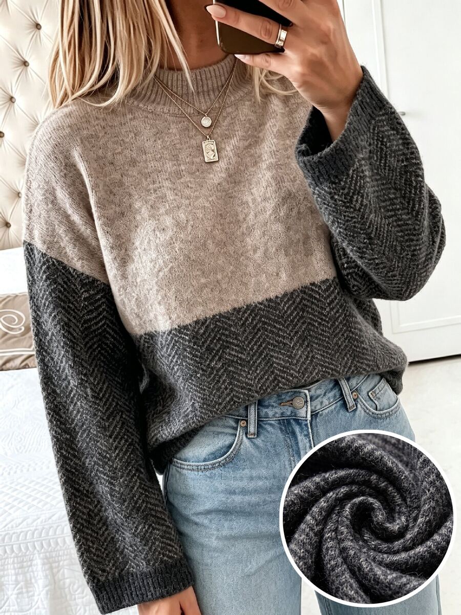 Elenzga Plus Size Women's Autumn/Winter Maillard Earth Tone Semi-High Neck Patchwork Color Block Long Sleeve Loose Slimming Pullover Sweater, Suitable For Daily Commute And Other Occasions - Khaki - View 1