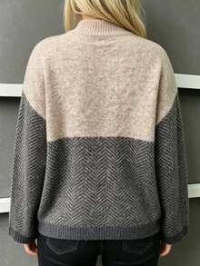 Elenzga Plus Size Women's Autumn/Winter Maillard Earth Tone Semi-High Neck Patchwork Color Block Long Sleeve Loose Slimming Pullover Sweater, Suitable For Daily Commute And Other Occasions - Khaki - View 2