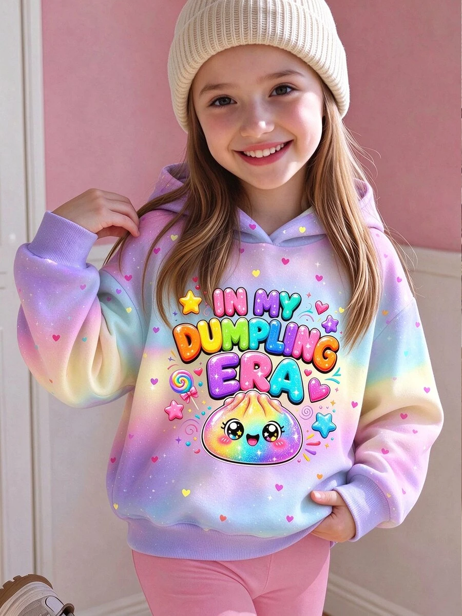 幼女秋季漸層紮染連帽衛衣,卡通彩色字母愛心星星圖案,休閒嬰兒套頭衫,秋冬7歲生日穿搭 - 彩色 - 查看 1
