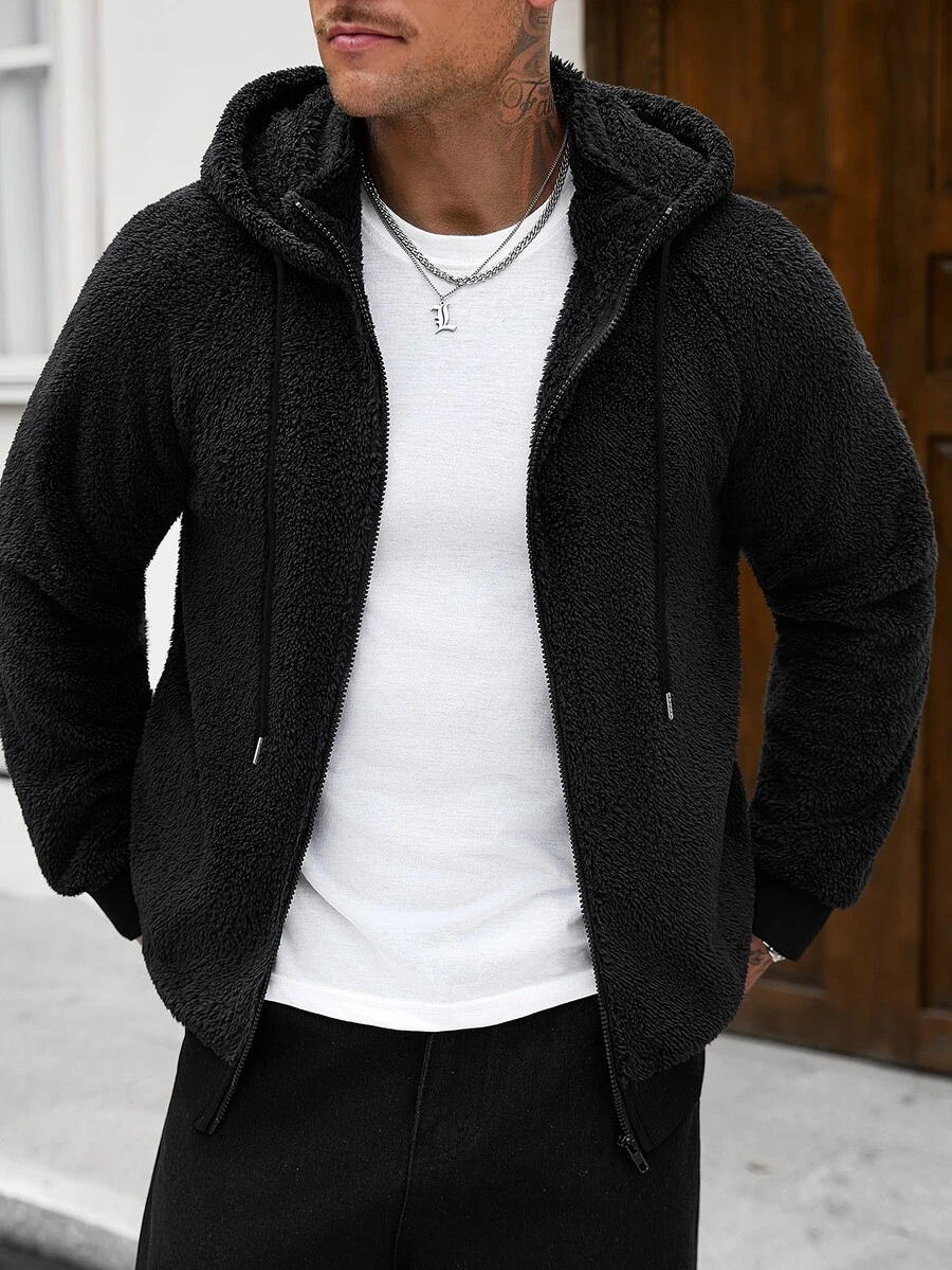 Manfinity Homme Men's Autumn-Winter Hooded Sweatshirt Made Of Coral Fleece Fabric, Y2K Christmas Gift - Black - View 1