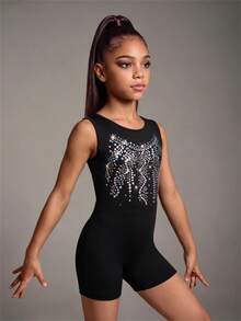 SHEIN Tween Girls 2pcs Gymnastics Leotard Shorts Set, Black Fall Athletic Baggy Exotic Rhinestone Hip Hop Dancewear Team Competition Uniform Training Gym - Black - View 3