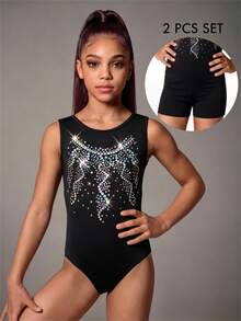 SHEIN Tween Girls 2pcs Gymnastics Leotard Shorts Set, Black Fall Athletic Baggy Exotic Rhinestone Hip Hop Dancewear Team Competition Uniform Training Gym - Black - View 2