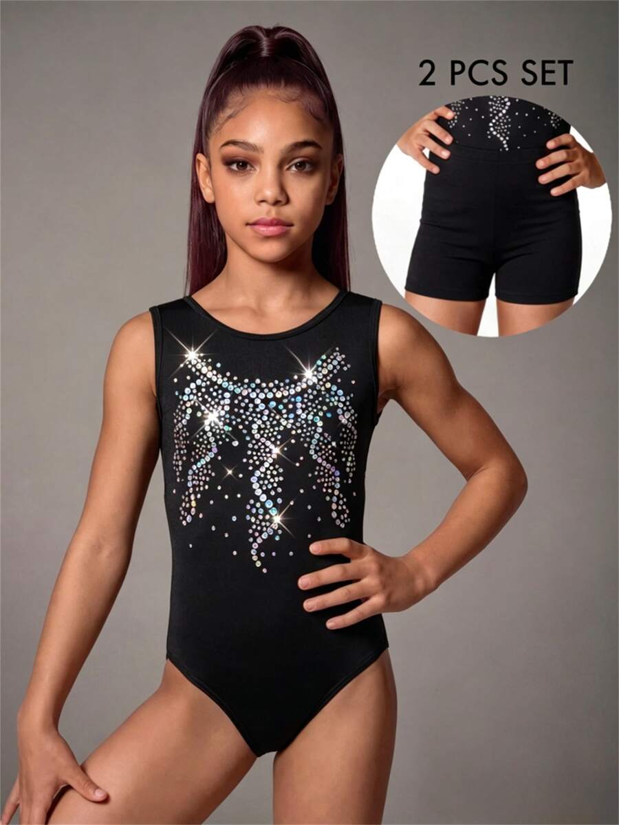 SHEIN Tween Girls 2pcs Gymnastics Leotard Shorts Set, Black Fall Athletic Baggy Exotic Rhinestone Hip Hop Dancewear Team Competition Uniform Training Gym