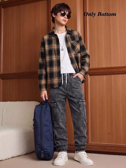 Boys' Denim Jeans, Autumn/Winter New Arrival, Vintage Casual Street Style, Multi-Pocket Loose Fit, Comfortable Full Elastic Waistband With Drawstring, Tapered Leg Denim Cargo Pants, Suitable For Daily Wear