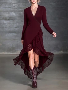 LUMIGAL Contrast Lace Ruffle Trim Wrap Hem Long Dress - Burgundy - View 5