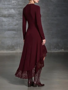 LUMIGAL Contrast Lace Ruffle Trim Wrap Hem Long Dress - Burgundy - View 2