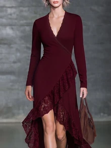 LUMIGAL Contrast Lace Ruffle Trim Wrap Hem Long Dress - Burgundy - View 6
