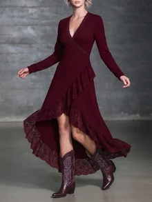 LUMIGAL Contrast Lace Ruffle Trim Wrap Hem Long Dress - Burgundy - View 4