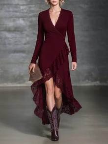 LUMIGAL Contrast Lace Ruffle Trim Wrap Hem Long Dress - Burgundy - View 3