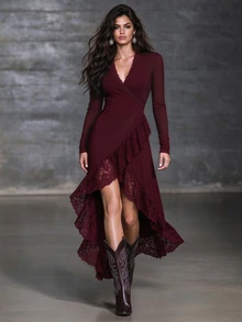 LUMIGAL Contrast Lace Ruffle Trim Wrap Hem Long Dress - Burgundy - View 1
