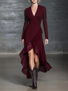 LUMIGAL Contrast Lace Ruffle Trim Wrap Hem Long Dress - Burgundy - View 7