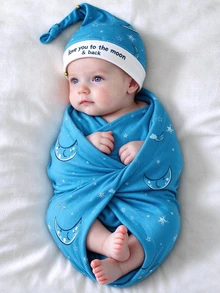 SHEIN Stretch Newborn Photography Wrap Hat Set LOVE YOU TO THE MOON AND BACK Moon Pattern Printed New Born Baby Boy Swaddling Blanket For Photo Shooting - Royal Blue - View 1