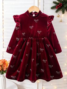 Elladie kids 女童仙女公主風酒紅色箔金蝴蝶結圖案半高領長袖收腰喇叭裙中長洋裝，適合7歲生日、聖誕節、秋季 - 酒紅色 - 查看 4