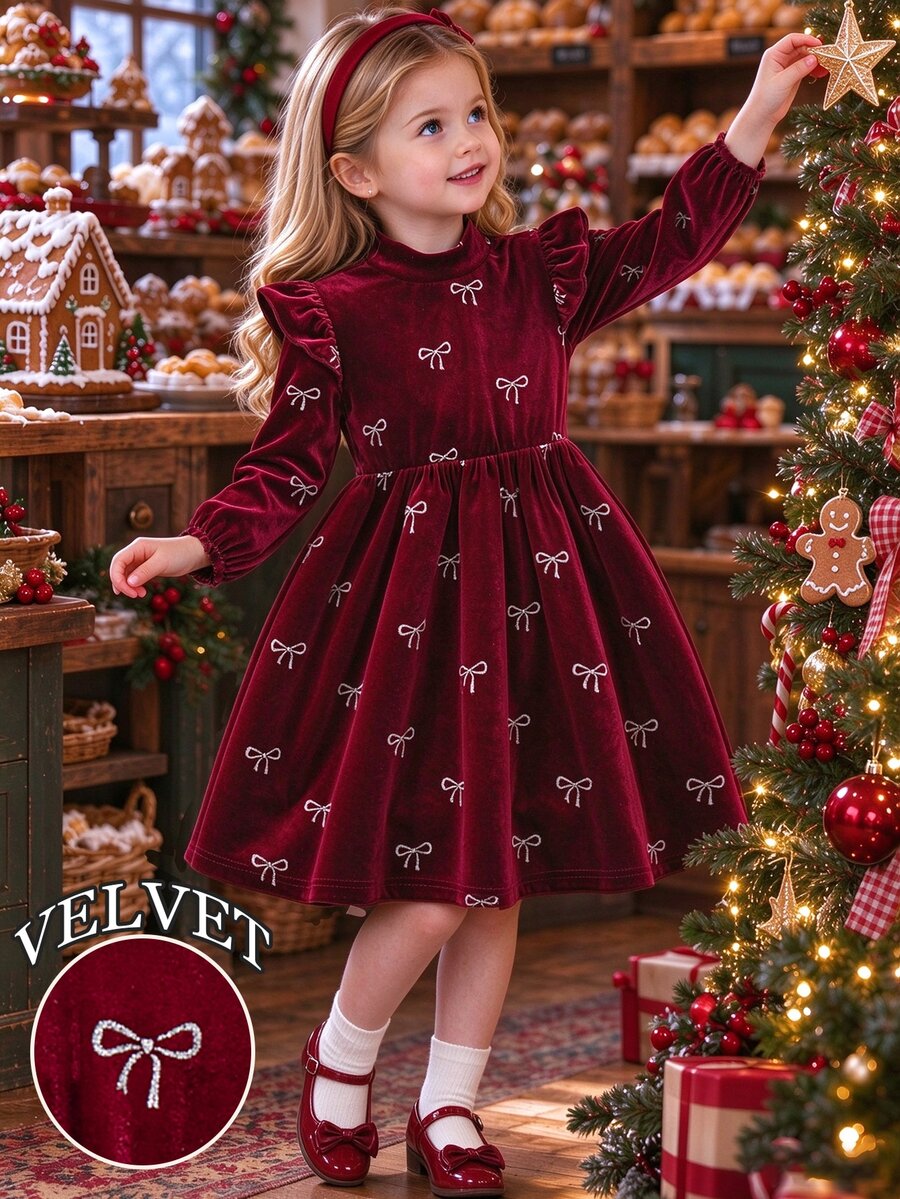 Elladie kids 女童仙女公主風酒紅色箔金蝴蝶結圖案半高領長袖收腰喇叭裙中長洋裝,適合7歲生日、聖誕節、秋季 - 酒紅色 - 查看 1