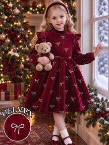 Elladie kids 女童仙女公主風酒紅色箔金蝴蝶結圖案半高領長袖收腰喇叭裙中長洋裝，適合7歲生日、聖誕節、秋季 - 酒紅色 - 查看 3