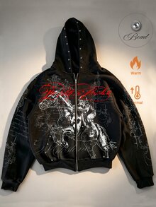 ROMWE MEN Street Life 2026新款日系厚實水波紋印花串珠街頭風酷骷髏賽馬男士衛衣連帽衫，秋冬款 - 黑色 - 查看 1