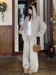 DAZY Women's Zip-Up Hoodie And Knit Pants 2 Pieces Set - Khaki - View 3