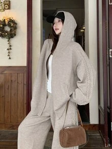 DAZY Women's Zip-Up Hoodie And Knit Pants 2 Pieces Set - Khaki - View 4