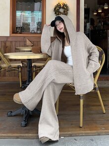 DAZY Women's Zip-Up Hoodie And Knit Pants 2 Pieces Set - Khaki - View 1