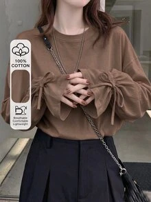 FRIFUL 女款純色圓領落肩長袖休閒寬鬆T恤 - 棕色 - 查看 1