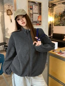 DAZY Women's Solid Color Dropped Shoulder Long Sleeve Loose Casual Regular Jacket - Grey - View 7