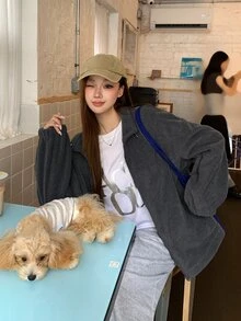 DAZY Women's Solid Color Dropped Shoulder Long Sleeve Loose Casual Regular Jacket - Grey - View 1