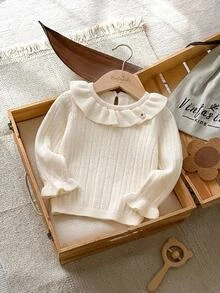 SHEIN 女嬰針織毛衣，時尚花卉蕾絲領圓領長袖冬季內搭衫 - 白色 - 查看 11