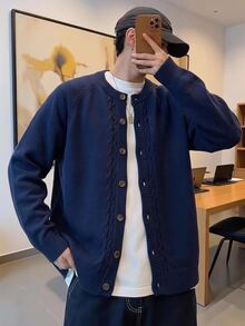 Manfinity CasualKnits 秋冬款門敲花紋設計鈕扣開襟針織外套，適合外出、正式辦公室工作晚餐、派對與休閒場合 - 彩色 - 查看 1