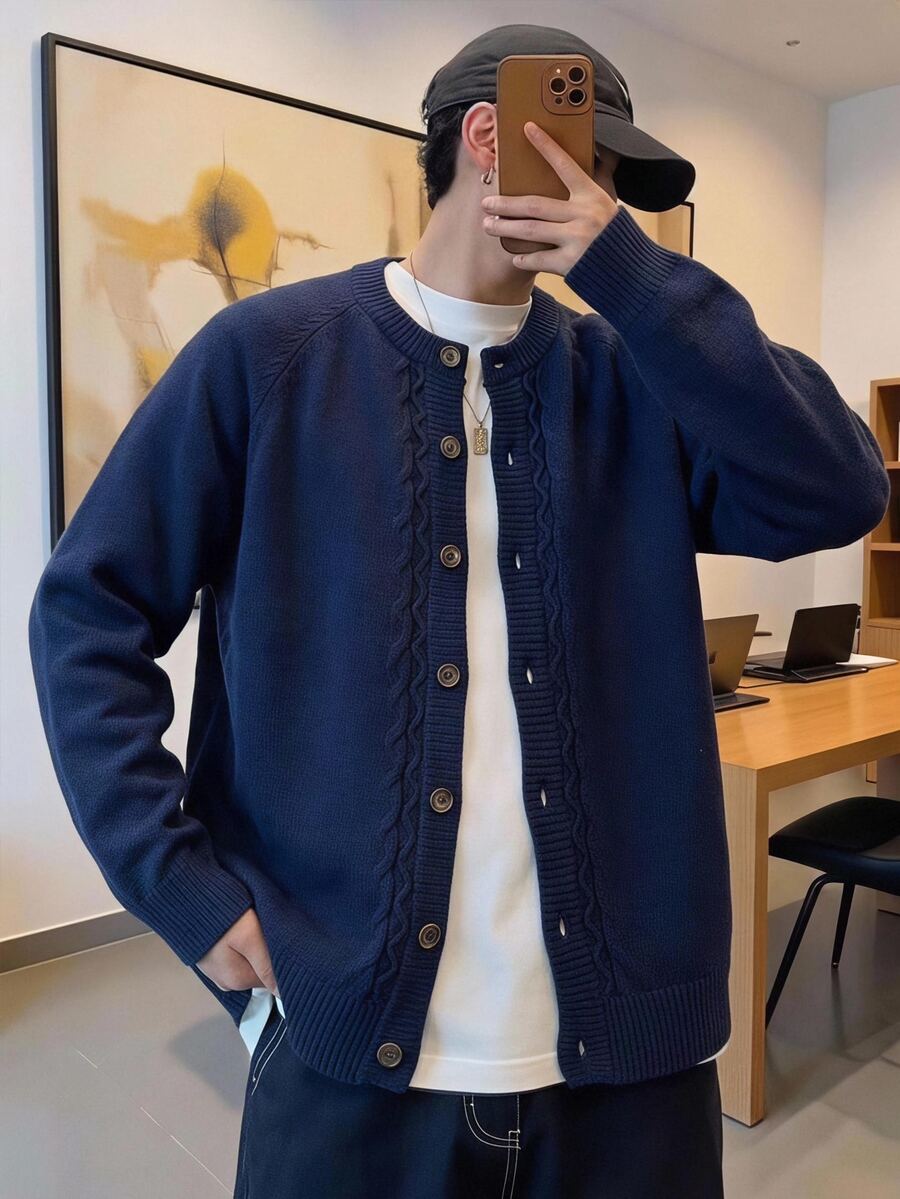 Manfinity CasualKnits 秋冬款門敲花紋設計鈕扣開襟針織外套,適合外出、正式辦公室工作晚餐、派對與休閒場合 - 彩色 - 查看 1