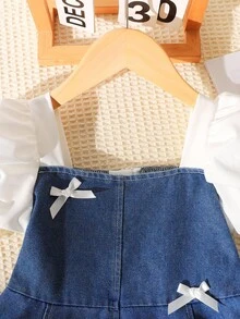 SHEIN 女童秋季韓系3D蝴蝶結牛仔洋裝，適合女孩休閒仙女公主風日常穿著校園穿搭，幼童7歲生日藍色禮物 - 彩色 - 查看 8