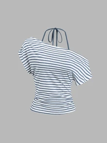 Sweetra 女款夏季度假風條紋不對稱剪裁露背透視背心 T-shirt - 藍白色 - 查看 4