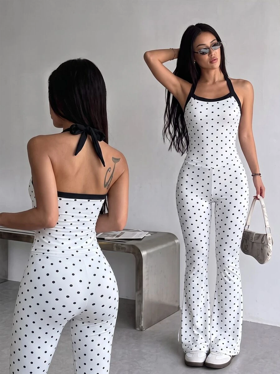 SHEIN Dewbera Women White Black Dots Halter Neck Crop Top High Waist Bell Bottom Pants Matching Set - Multicolor - View 1
