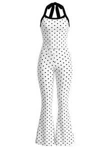 SHEIN Dewbera Women White Black Dots Halter Neck Crop Top High Waist Bell Bottom Pants Matching Set - Multicolor - View 6