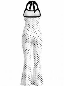 SHEIN Dewbera Women White Black Dots Halter Neck Crop Top High Waist Bell Bottom Pants Matching Set - Multicolor - View 7