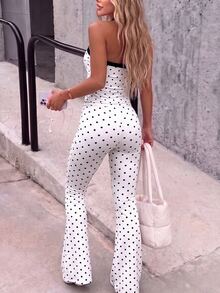 SHEIN Dewbera Women White Black Dots Halter Neck Crop Top High Waist Bell Bottom Pants Matching Set - Multicolor - View 2