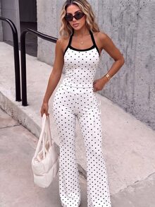 SHEIN Dewbera Women White Black Dots Halter Neck Crop Top High Waist Bell Bottom Pants Matching Set - Multicolor - View 4