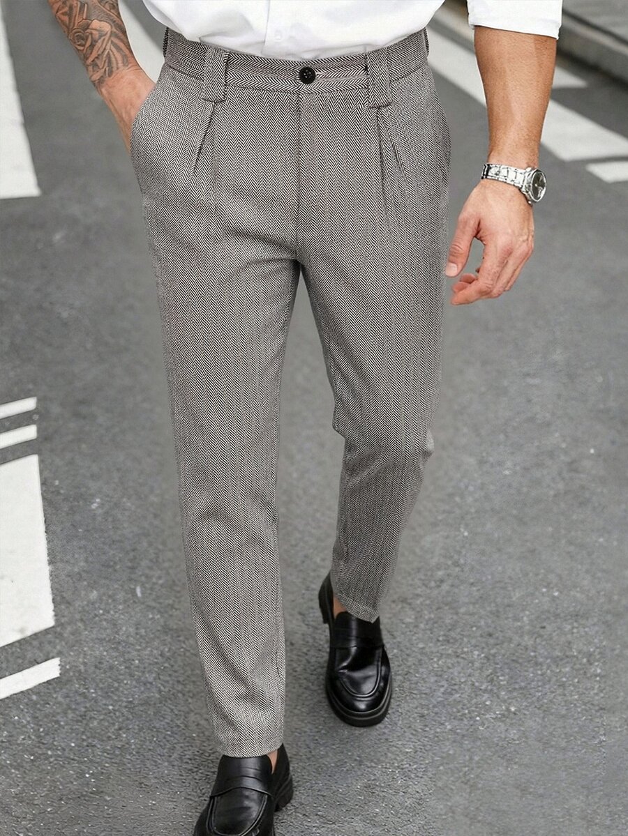 Manfinity Mode Men's Herringbone Tweed Double Pleated High Waist Casual Vintage Tapered Business Mature Daily Commute Home Outing Suit Pants, Formal, Old Money - Black and White - View 1