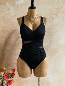 SHEIN Swim Curve 2026 大尺碼女款黑色交叉設計羅紋網格拼接連身泳衣 優雅性感高雅 夏季海灘度假假期派對度假風穿搭 - 黑色 - 查看 5