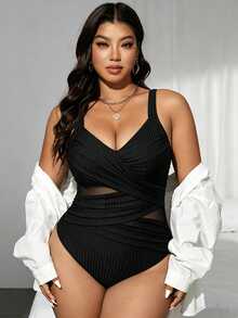 SHEIN Swim Curve 2026 大尺碼女款黑色交叉設計羅紋網格拼接連身泳衣 優雅性感高雅 夏季海灘度假假期派對度假風穿搭 - 黑色 - 查看 4